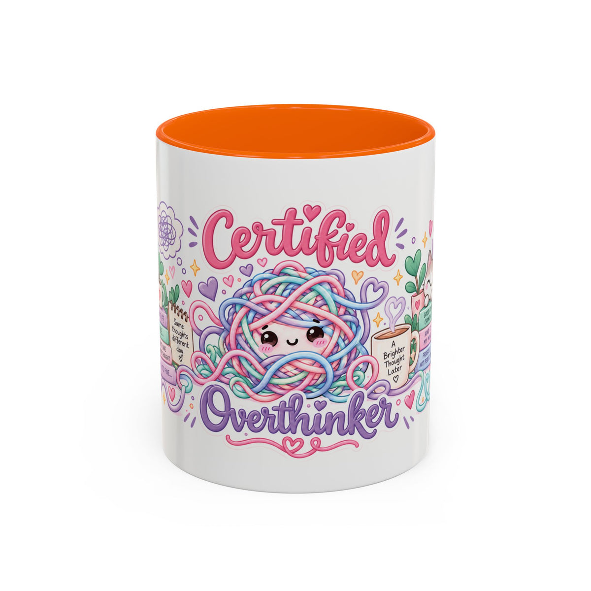 Certified Overthinker accent coffee mug, 11oz, white with orange interior and handle