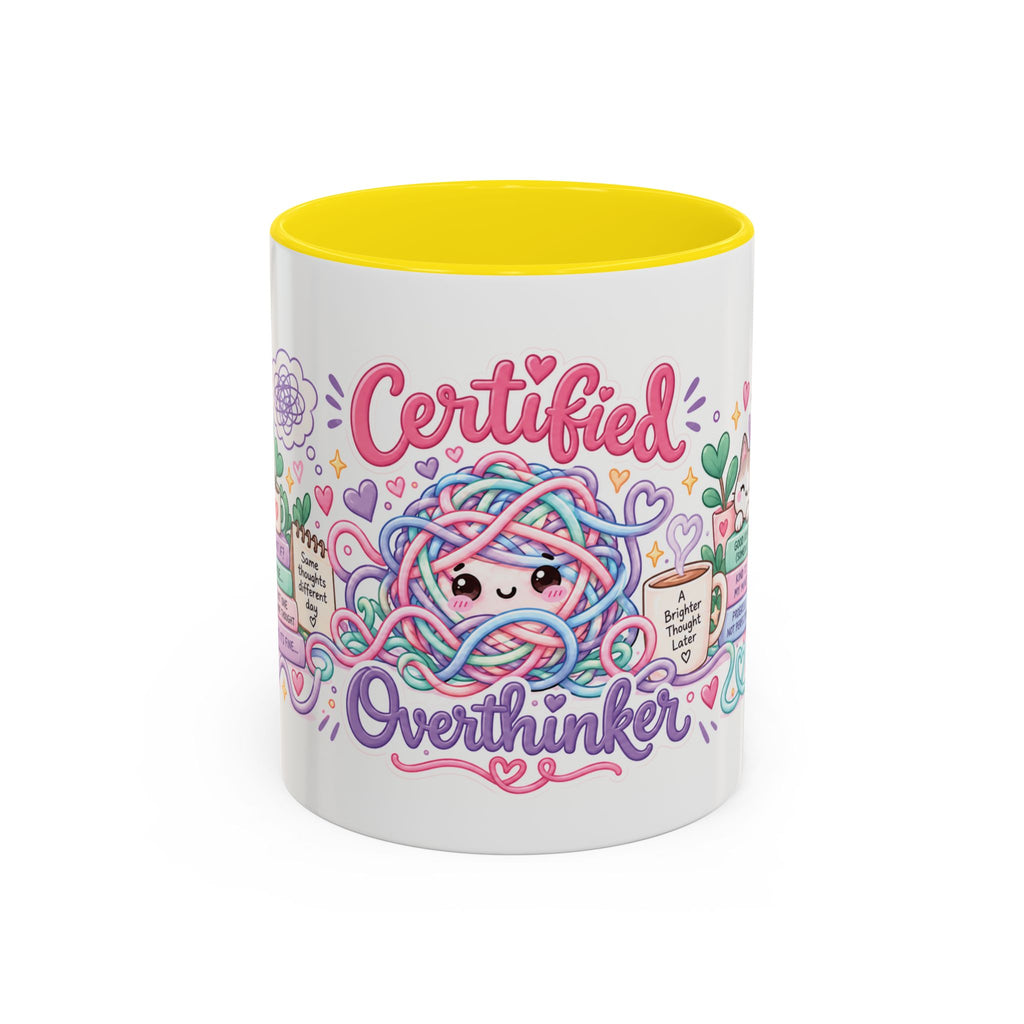 Certified Overthinker accent coffee mug, 11oz, white with yellow interior and handle