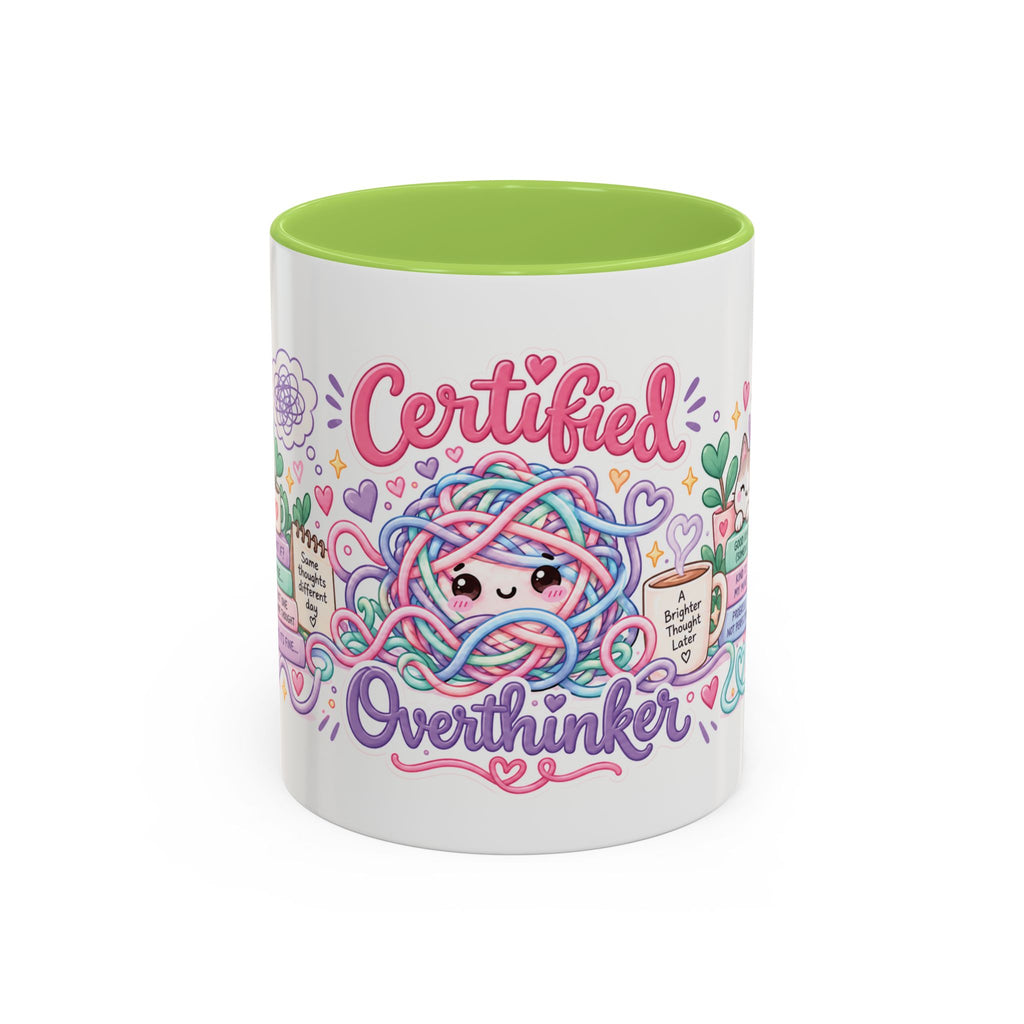 Certified Overthinker accent coffee mug, 11oz, white with light green interior and handle