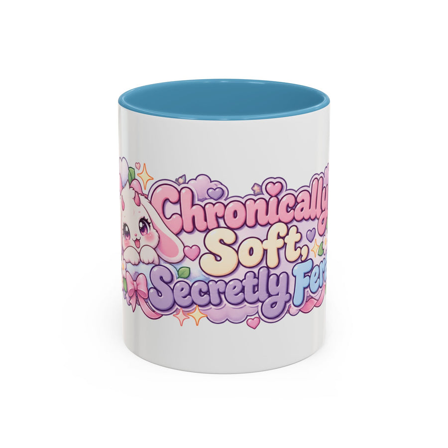 Chronically Soft, Secretly Feral accent coffee mug, 11oz, white with light blue interior and handle