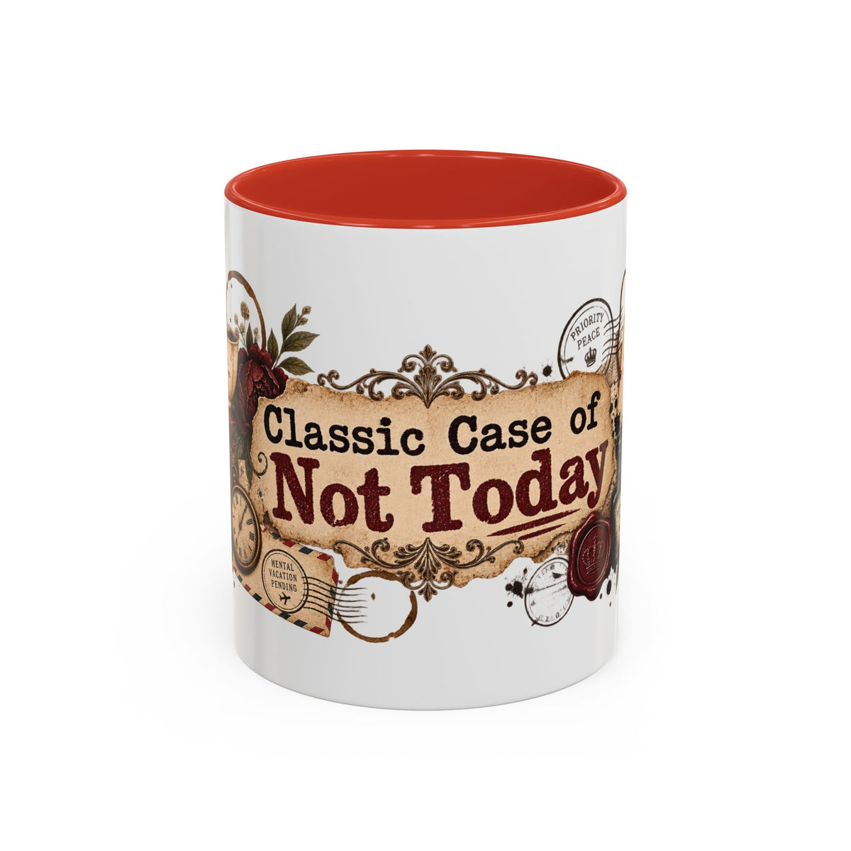 Classic Case of Not Today accent coffee mug, 11oz, white with red interior and handle