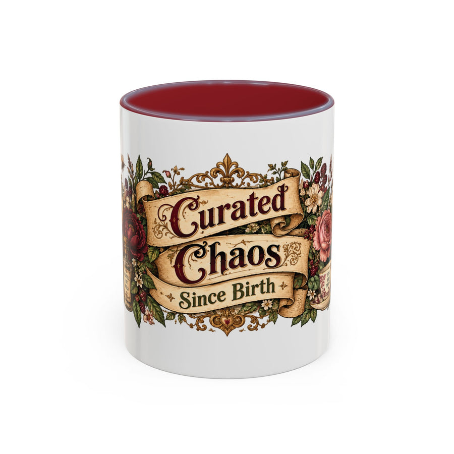 Curated Chaos Since Birth accent coffee mug, 11oz, white with maroon interior and handle