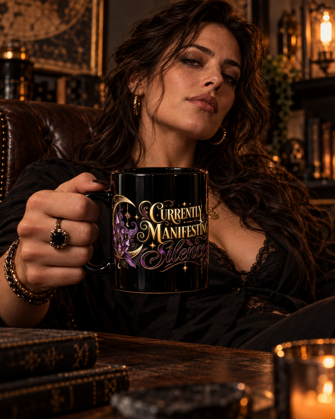 Currently Manifesting Silence black coffee mug in a cozy lifestyle photo