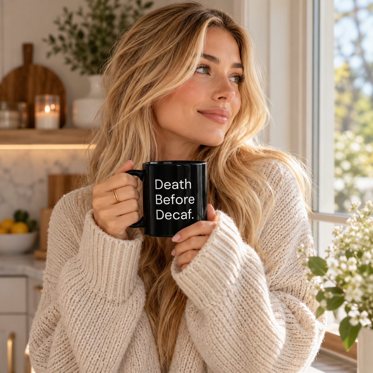 Death Before Decaf black coffee mug in a cozy lifestyle photo