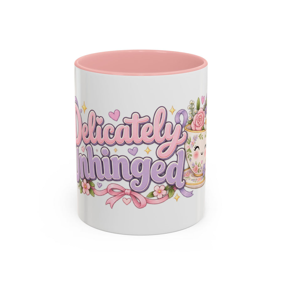 Delicately Unhinged accent coffee mug, 11oz, white with pink interior and handle