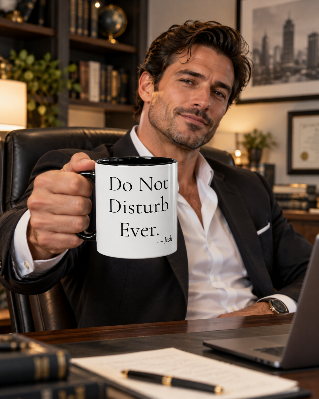 Do Not Disturb Ever personalized accent coffee mug in a cozy lifestyle photo