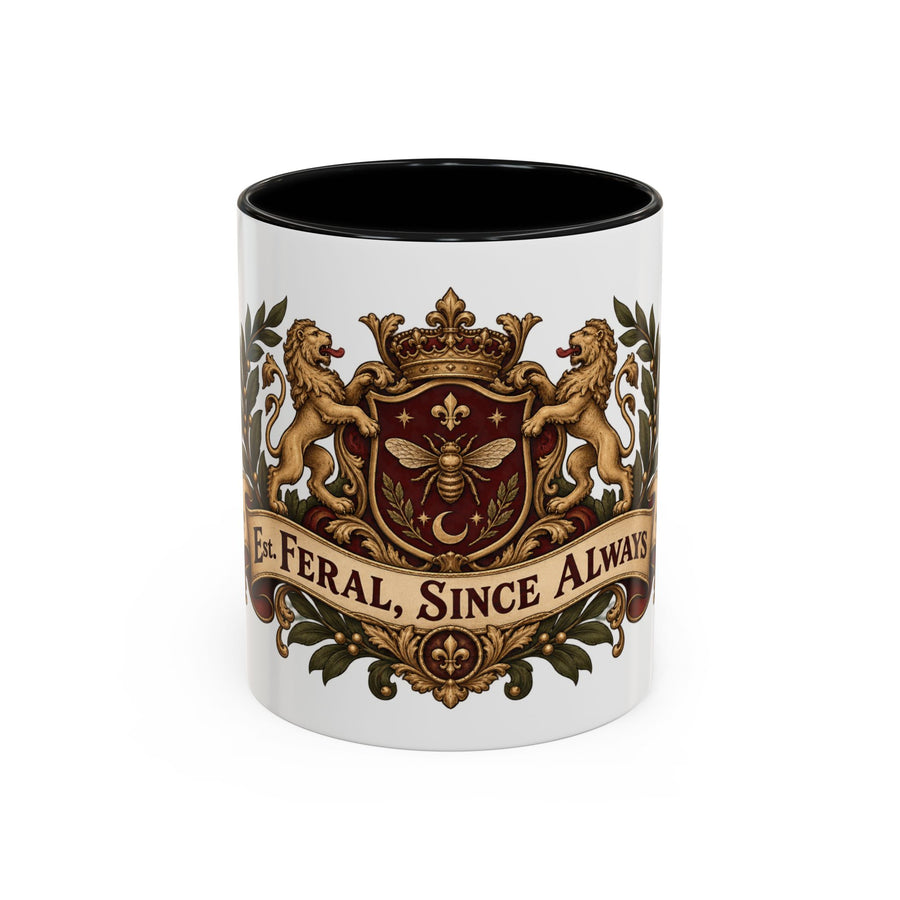Est. Feral, Since Always accent coffee mug, 11oz, white with black interior and handle