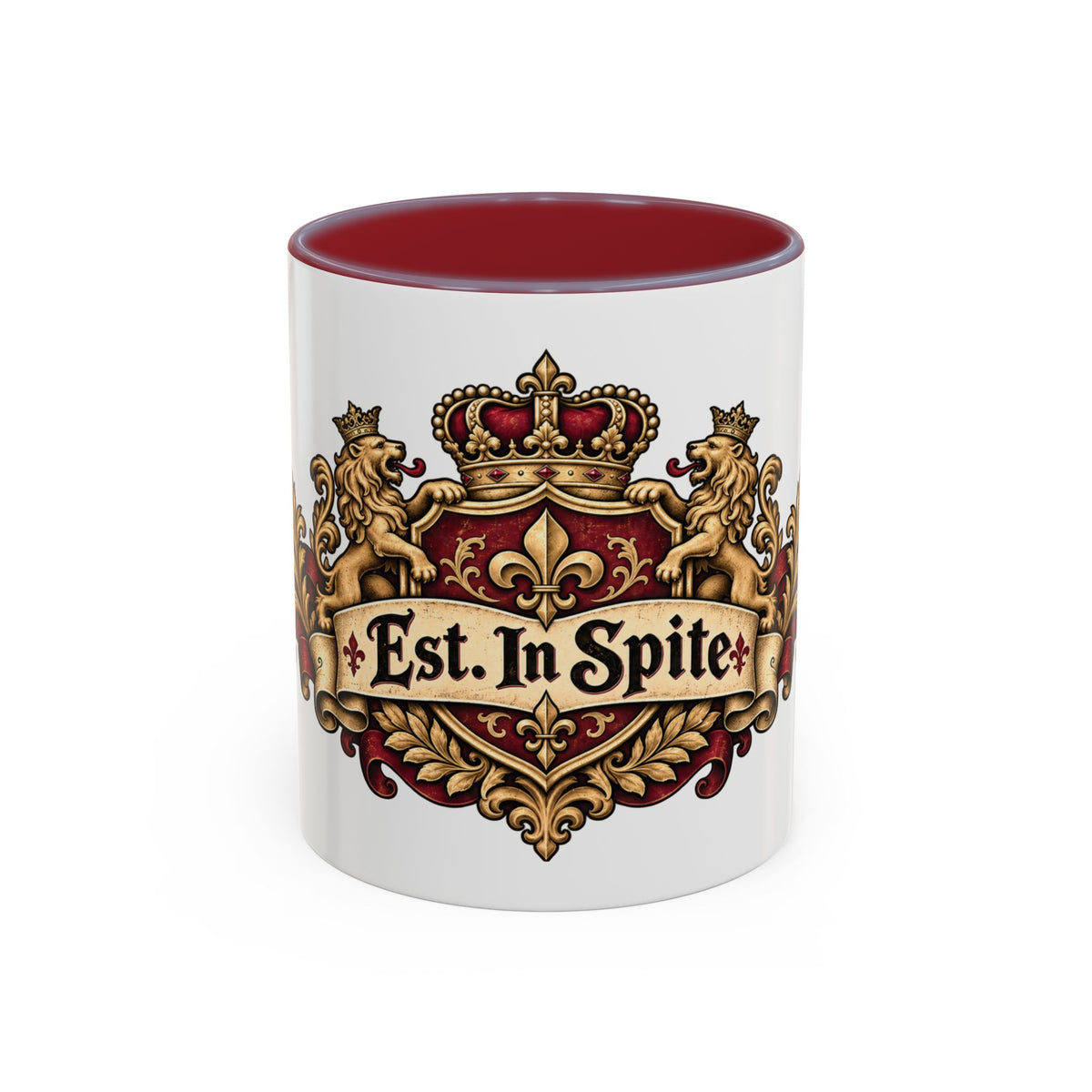 Est. in Spite accent coffee mug, 11oz, white with maroon interior and handle