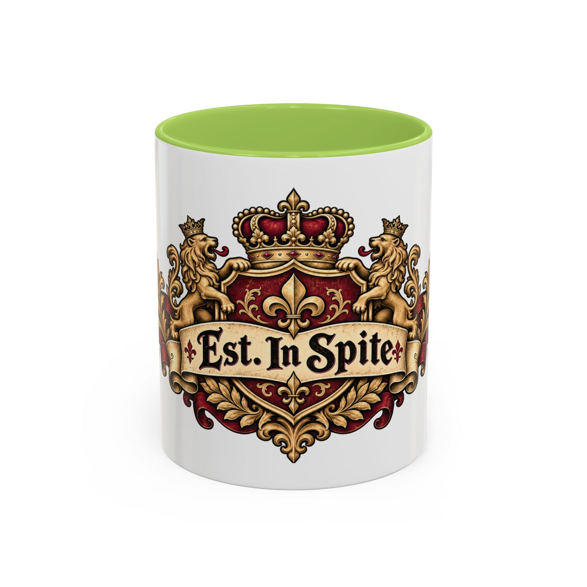 Est. in Spite accent coffee mug, 11oz, white with light green interior and handle