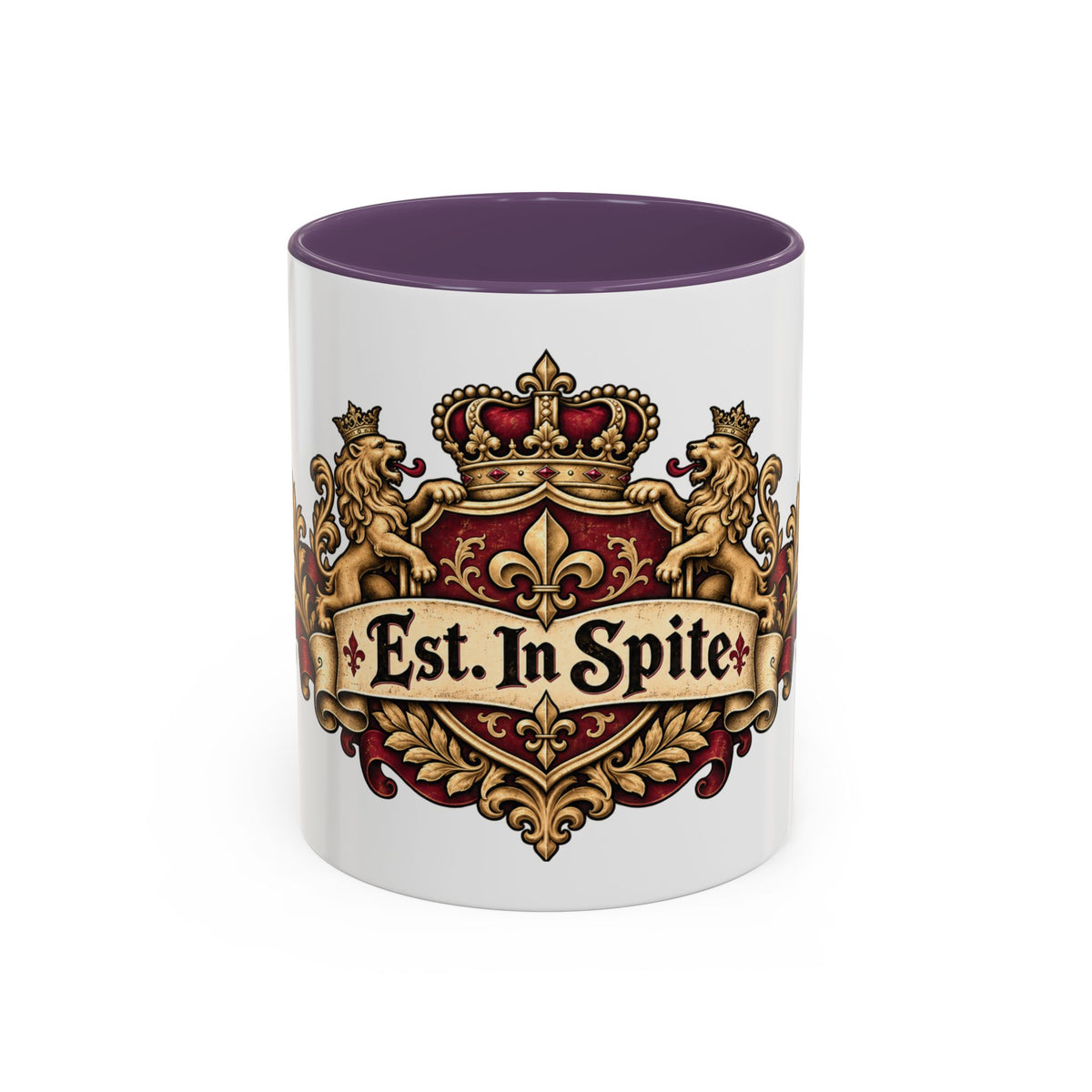 Est. in Spite accent coffee mug, 11oz, white with purple interior and handle