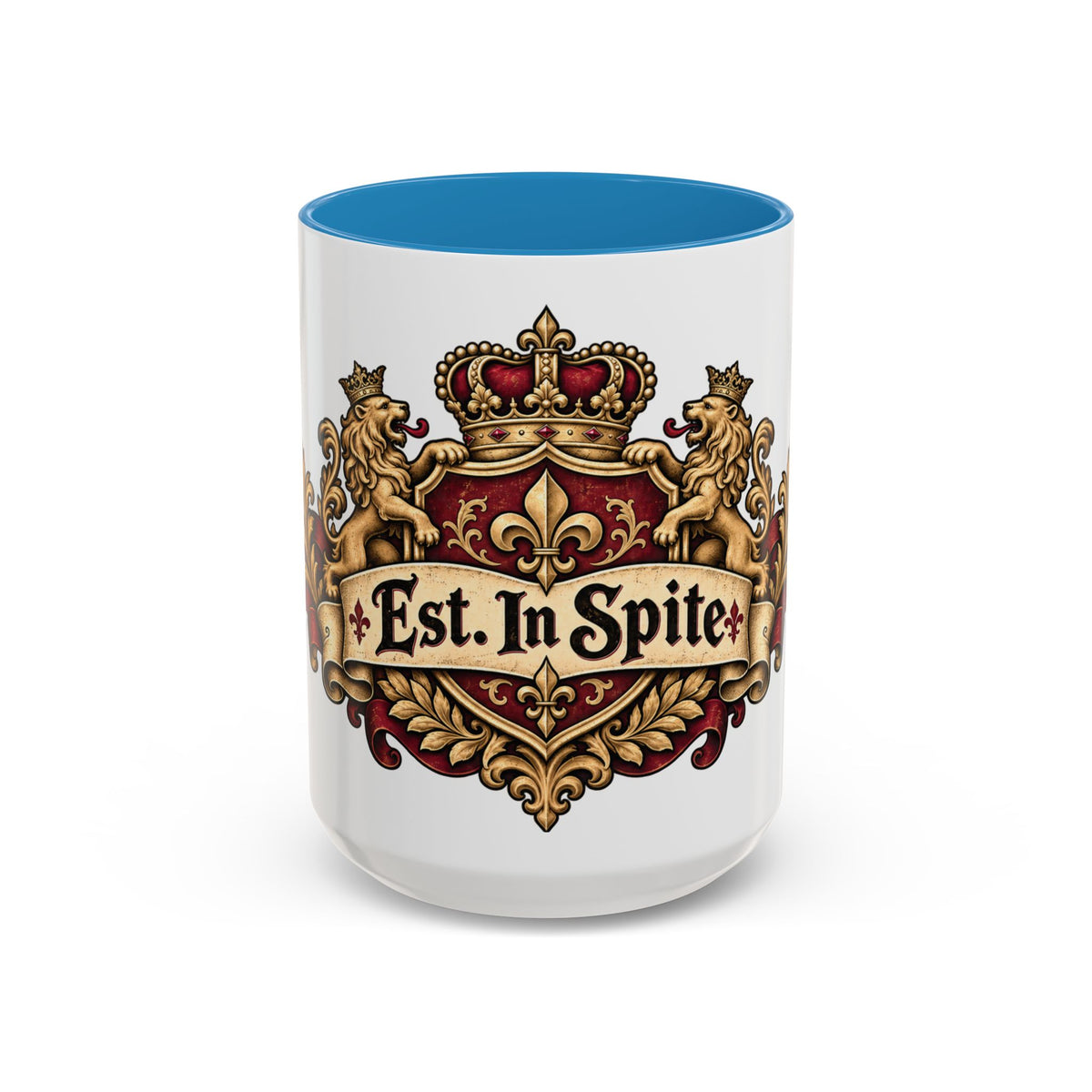 Est. in Spite accent coffee mug, 15oz, white with blue interior and handle