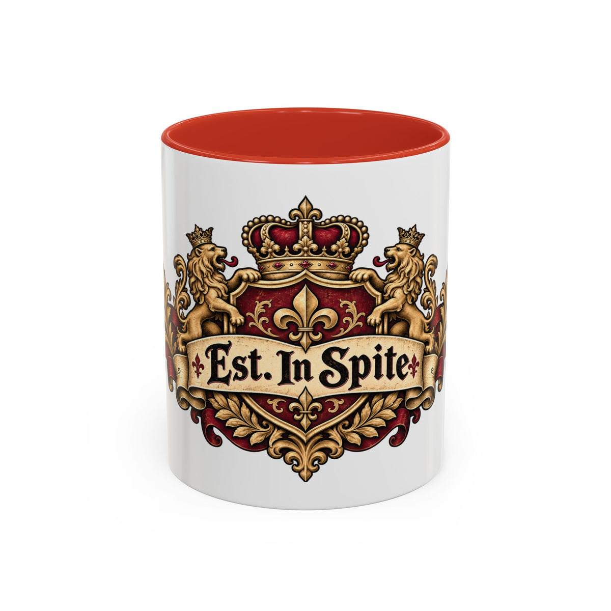 Est. in Spite accent coffee mug, 11oz, white with red interior and handle