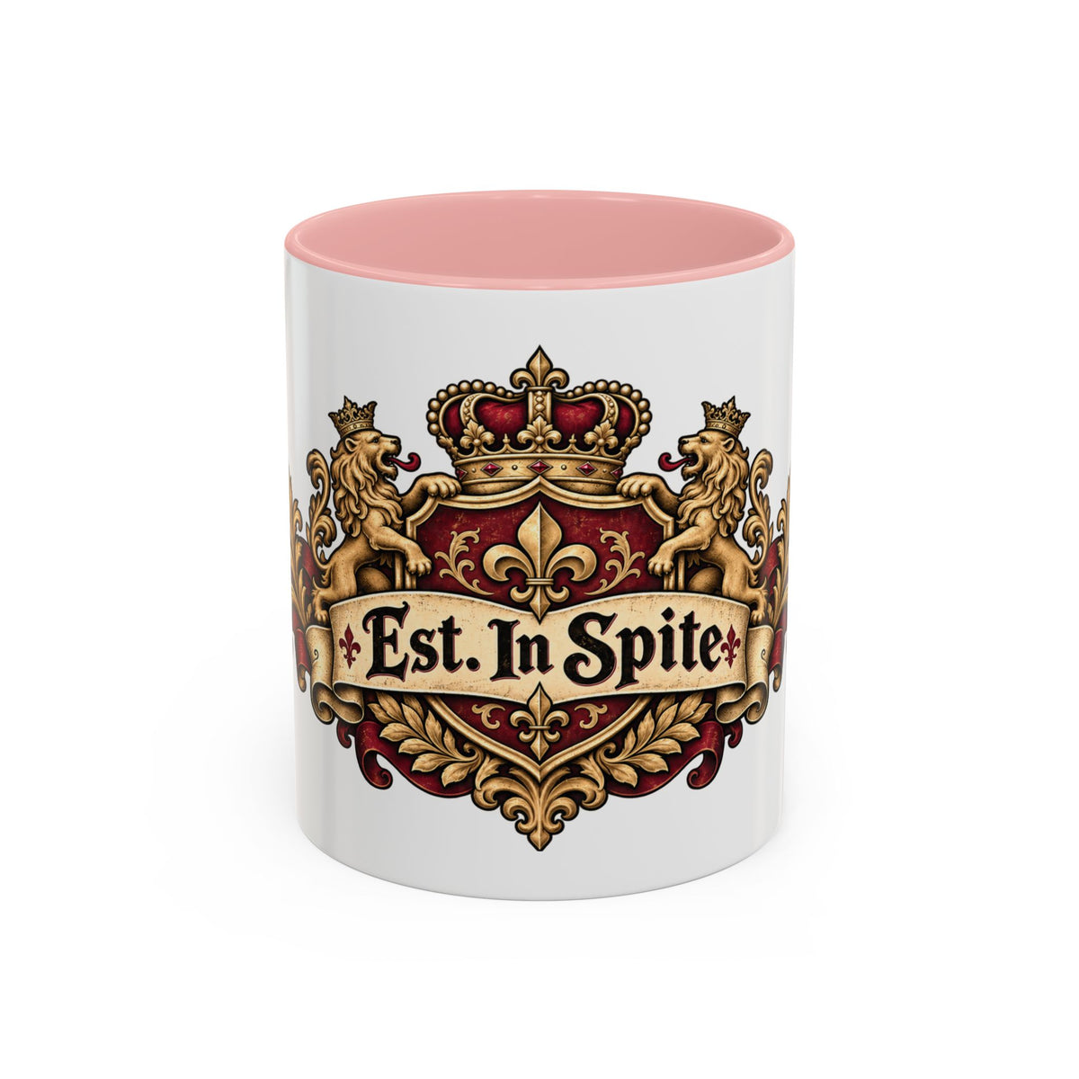 Est. in Spite accent coffee mug, 11oz, white with pink interior and handle