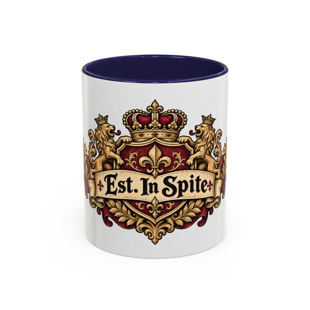 Est. in Spite accent coffee mug, 11oz, white with navy interior and handle