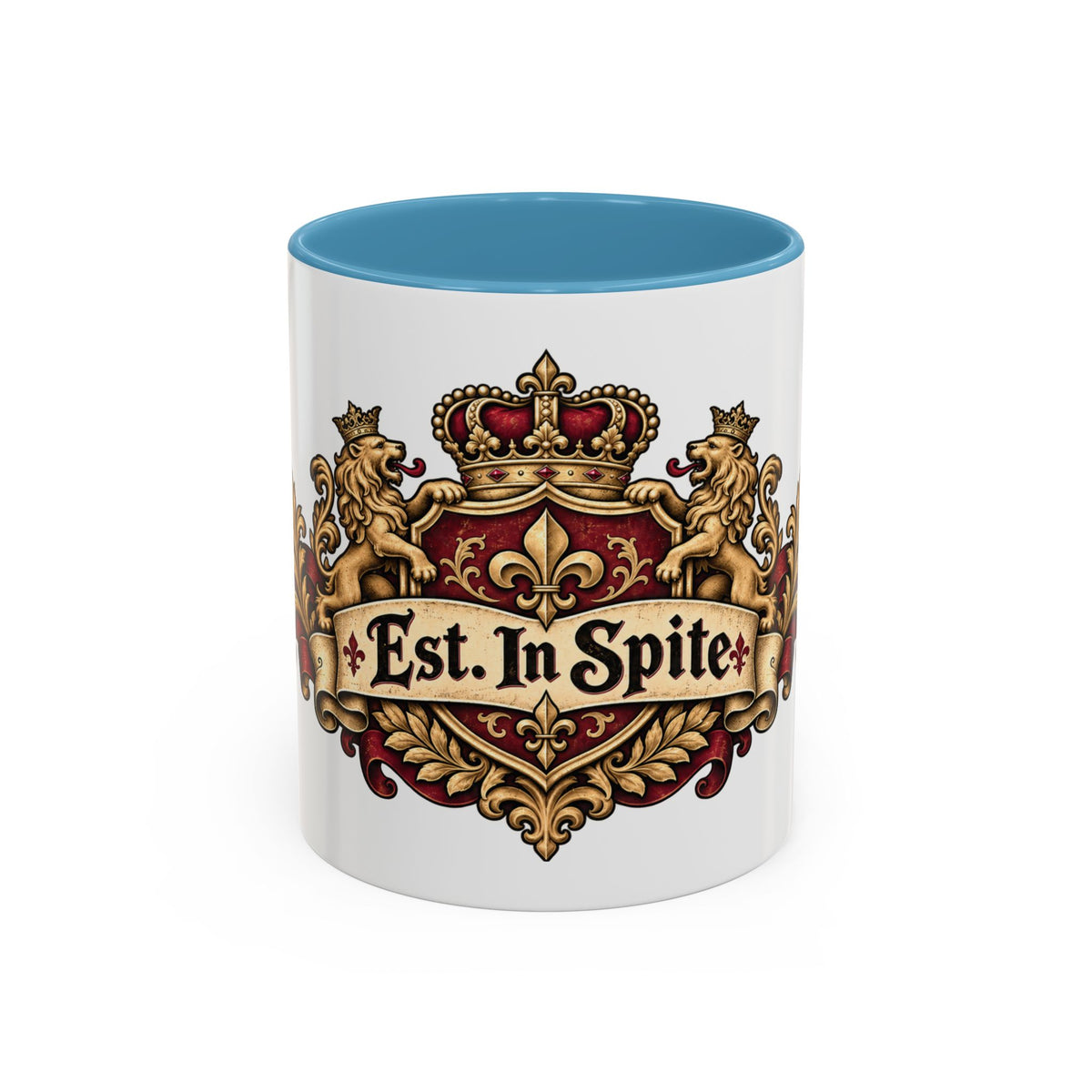 Est. in Spite accent coffee mug, 11oz, white with light blue interior and handle
