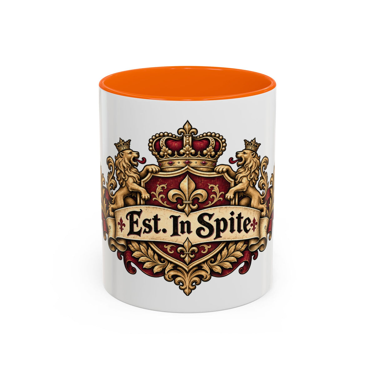 Est. in Spite accent coffee mug, 11oz, white with orange interior and handle