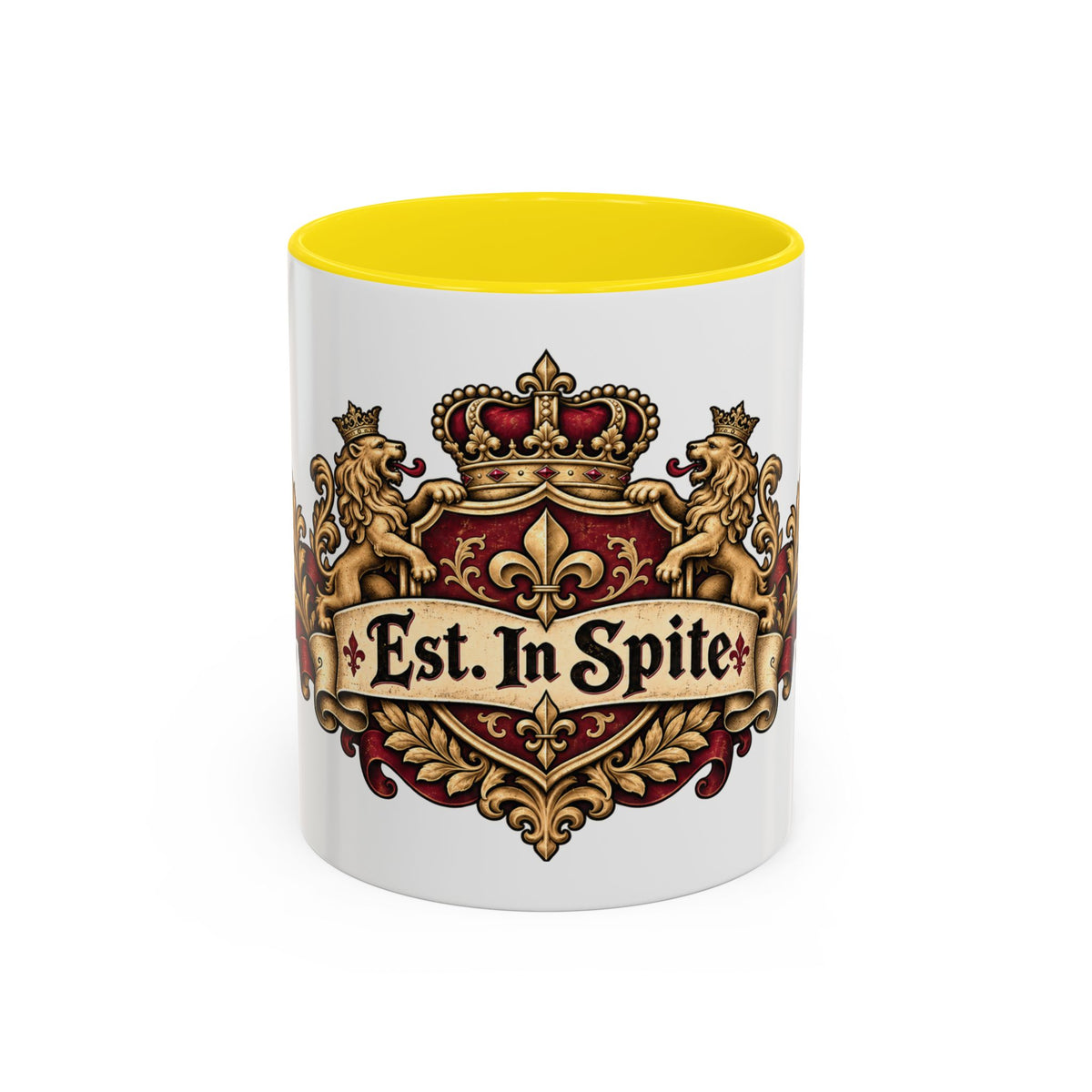 Est. in Spite accent coffee mug, 11oz, white with yellow interior and handle