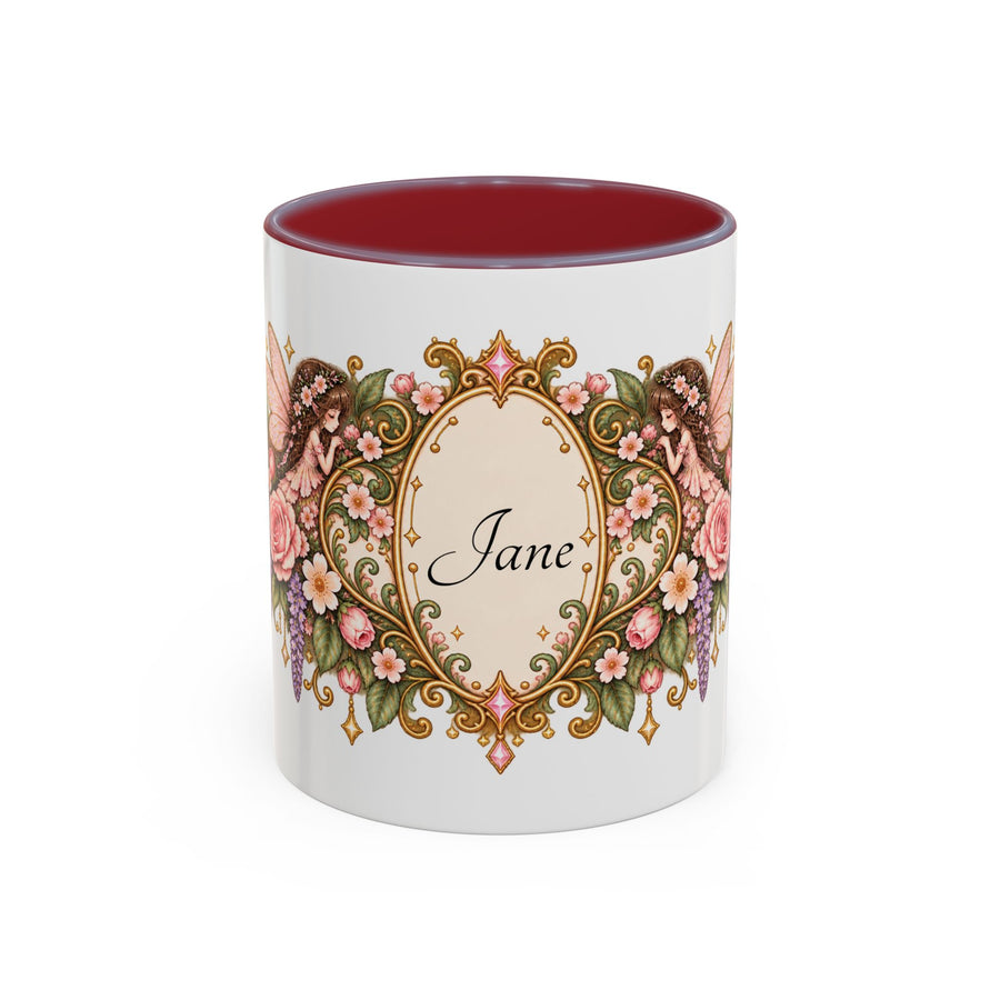 Fairy Garden Name Frame personalized accent coffee mug, 11oz, white with maroon interior and handle