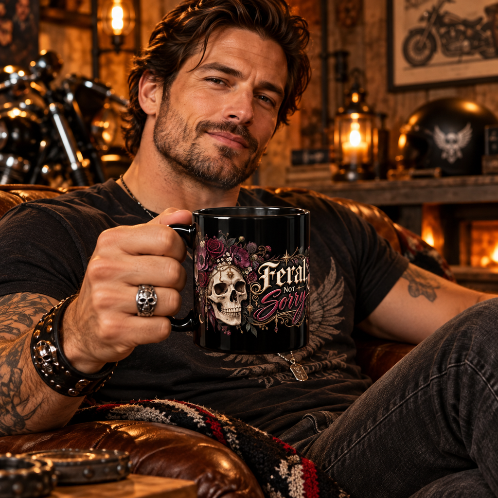 Feral Not Sorry black coffee mug in a cozy lifestyle photo