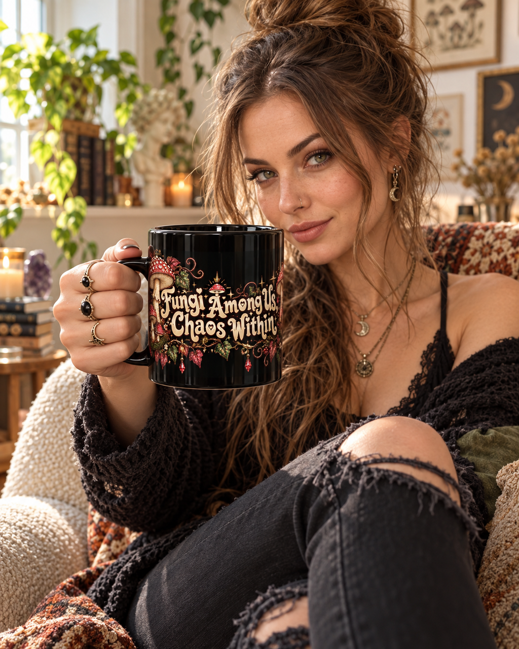 Fungi Among Us, Chaos Within black coffee mug in a cozy lifestyle photo