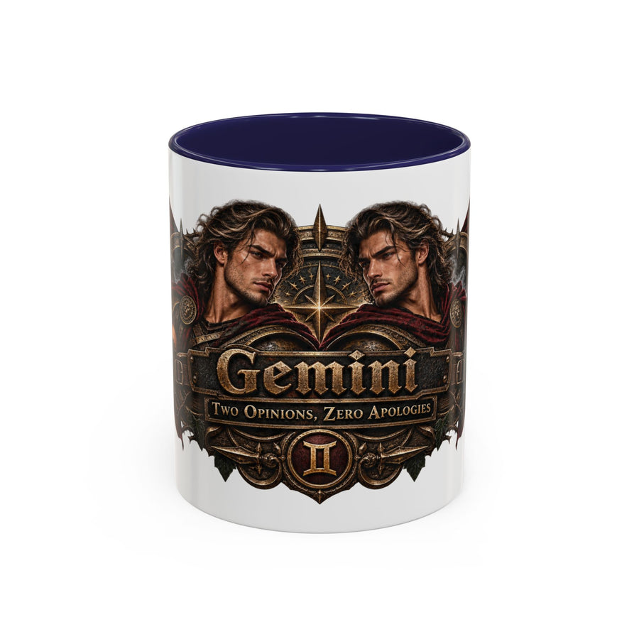 Gemini Bronze Zodiac accent coffee mug, 11oz, white with navy interior and handle