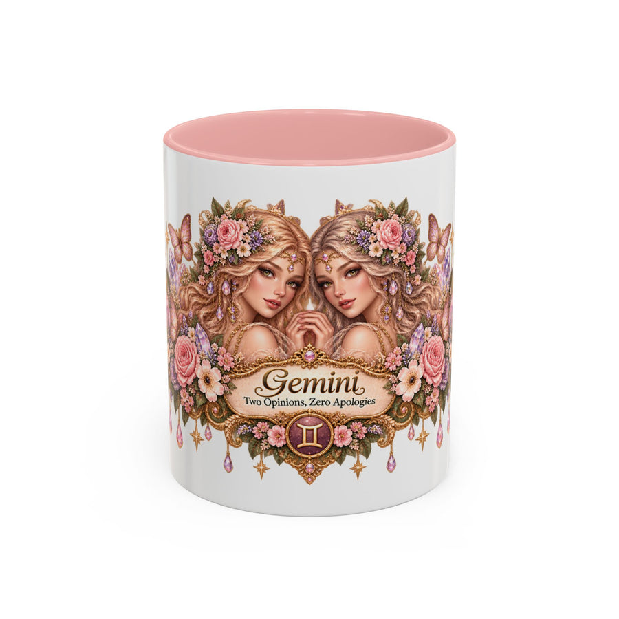 Gemini Floral Zodiac accent coffee mug, 11oz, white with pink interior and handle