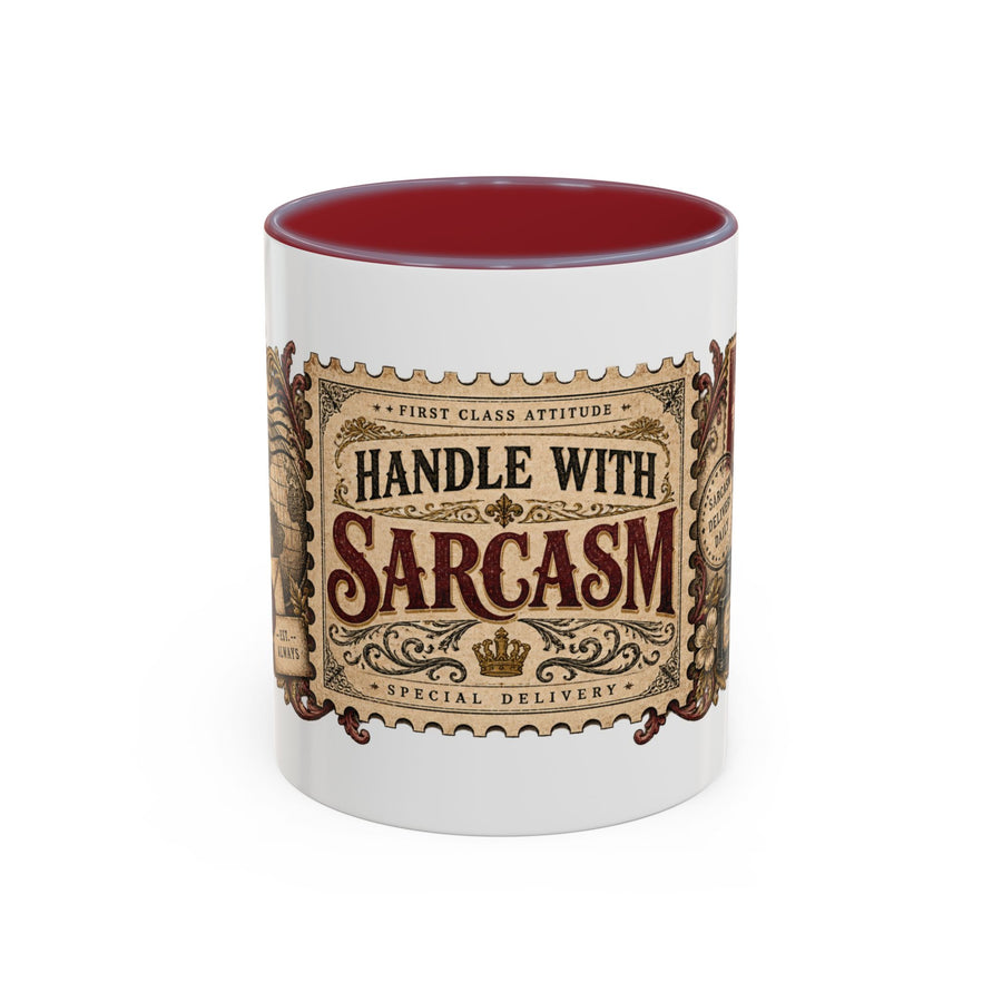 Handle With Sarcasm accent coffee mug, 11oz, white with maroon interior and handle