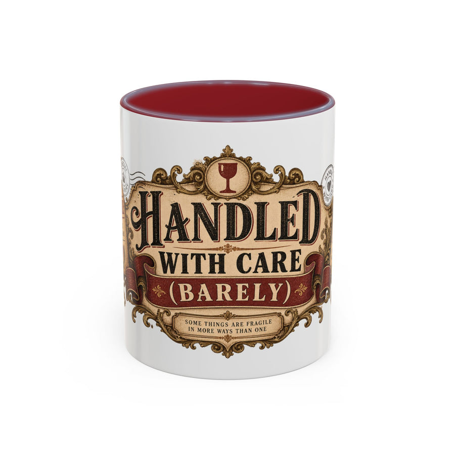 Handled With Care (Barely) accent coffee mug, 11oz, white with maroon interior and handle