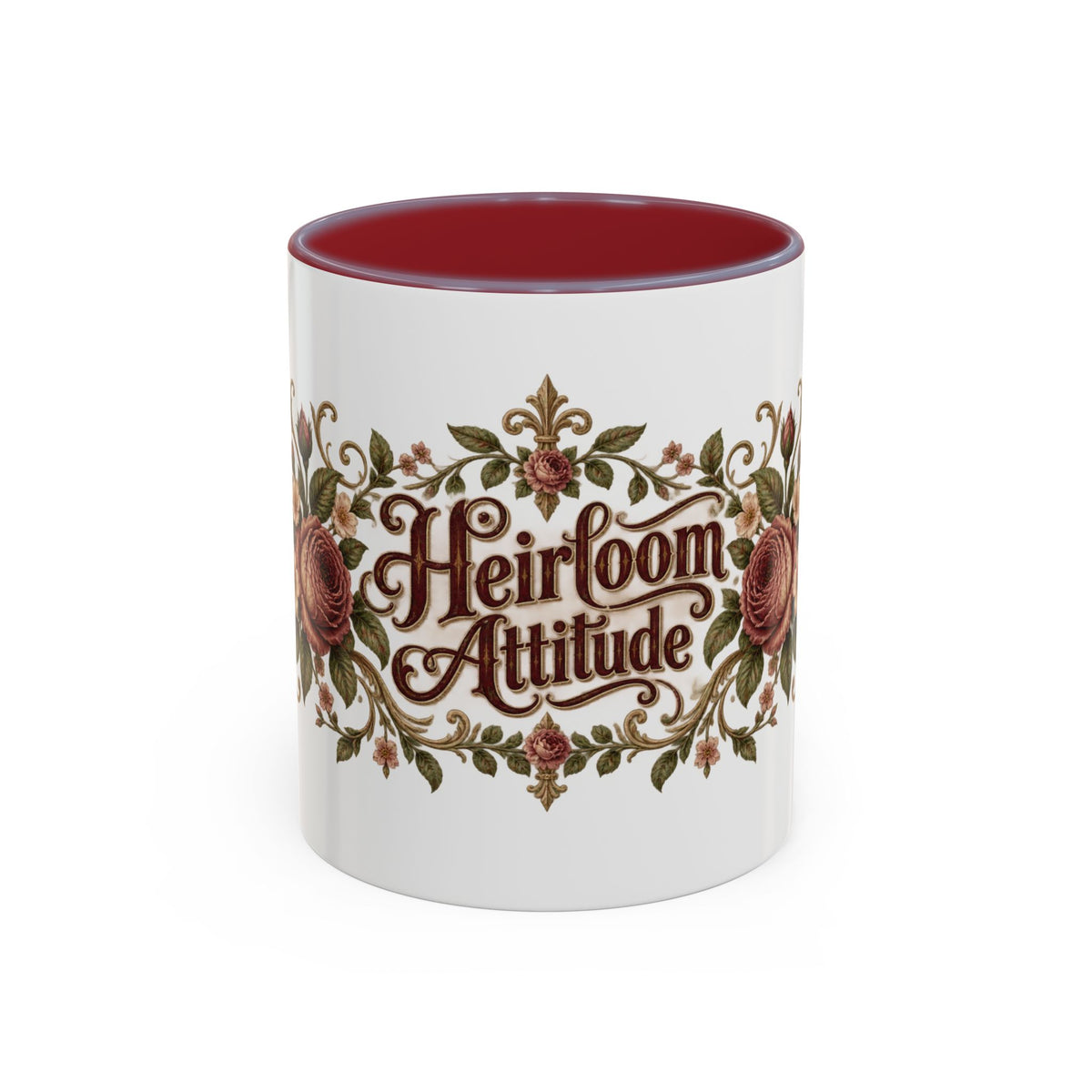 Heirloom Attitude accent coffee mug, 11oz, white with maroon interior and handle