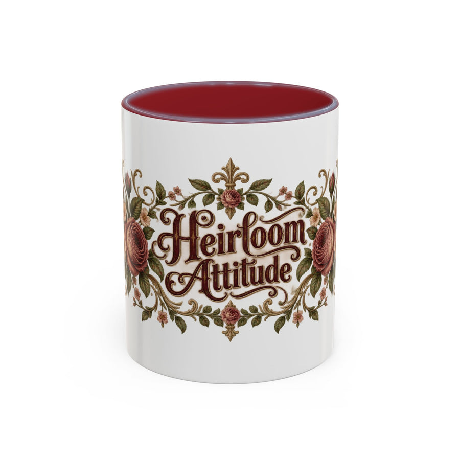 Heirloom Attitude accent coffee mug, 11oz, white with maroon interior and handle