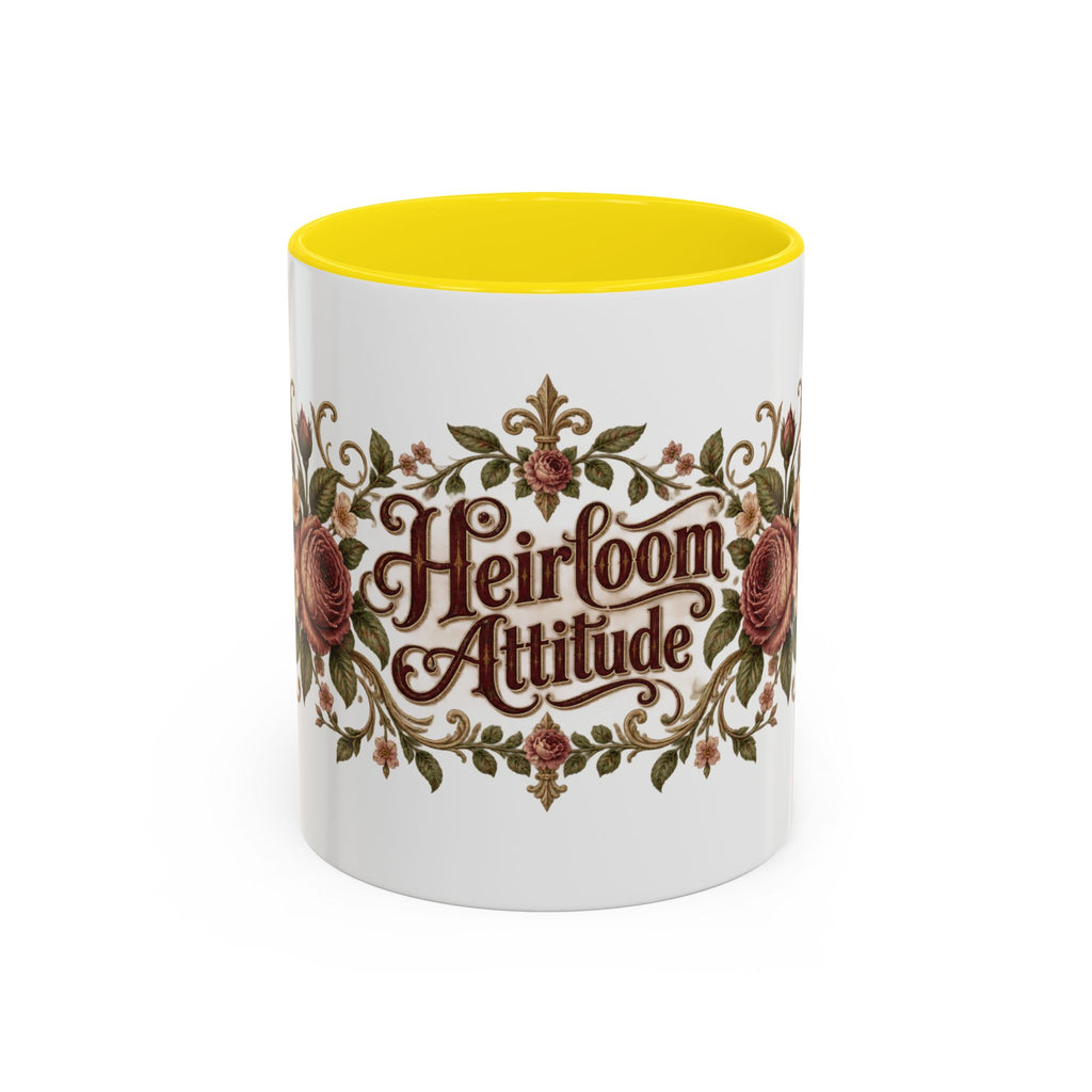 Heirloom Attitude accent coffee mug, 11oz, white with yellow interior and handle