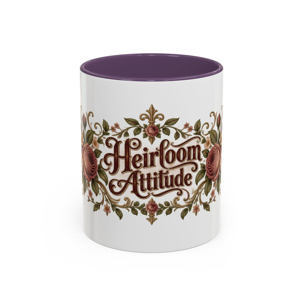 Heirloom Attitude accent coffee mug, 11oz, white with purple interior and handle