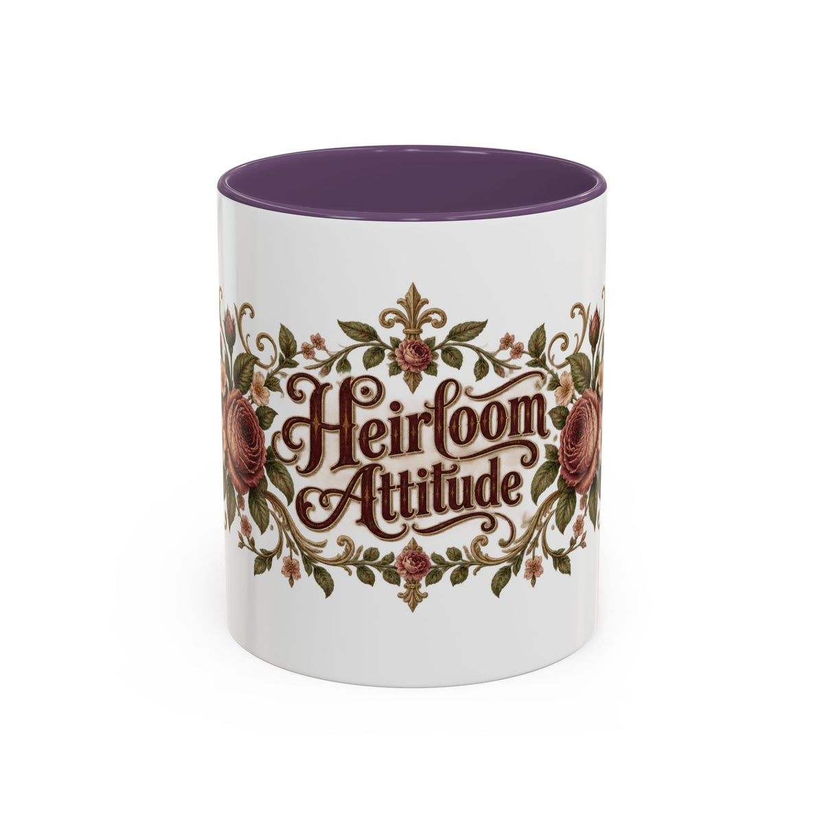 Heirloom Attitude accent coffee mug, 11oz, white with purple interior and handle