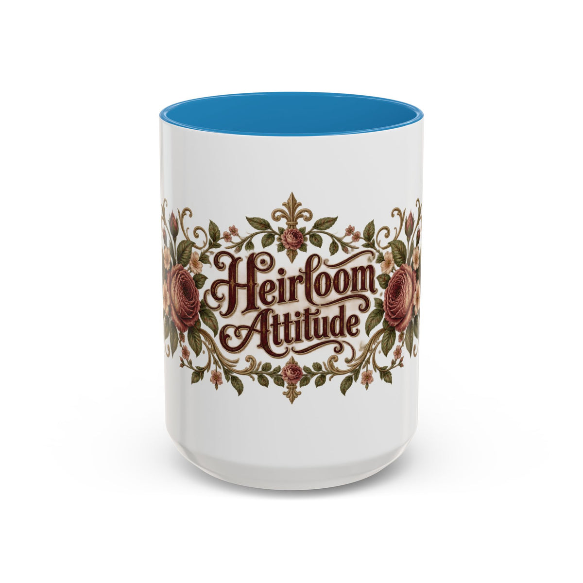 Heirloom Attitude accent coffee mug, 15oz, white with blue interior and handle