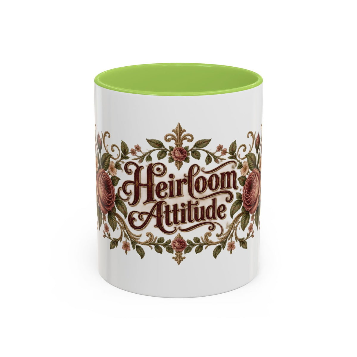 Heirloom Attitude accent coffee mug, 11oz, white with light green interior and handle