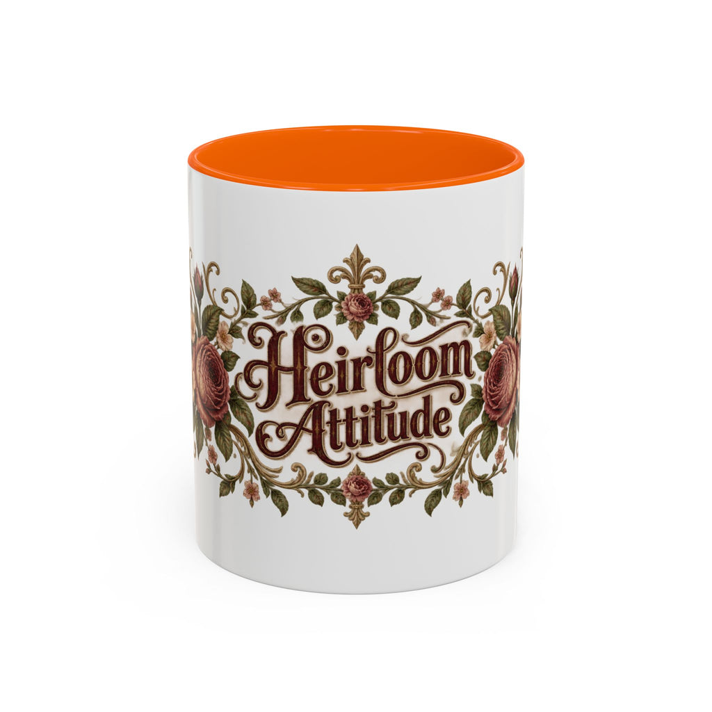 Heirloom Attitude accent coffee mug, 11oz, white with orange interior and handle