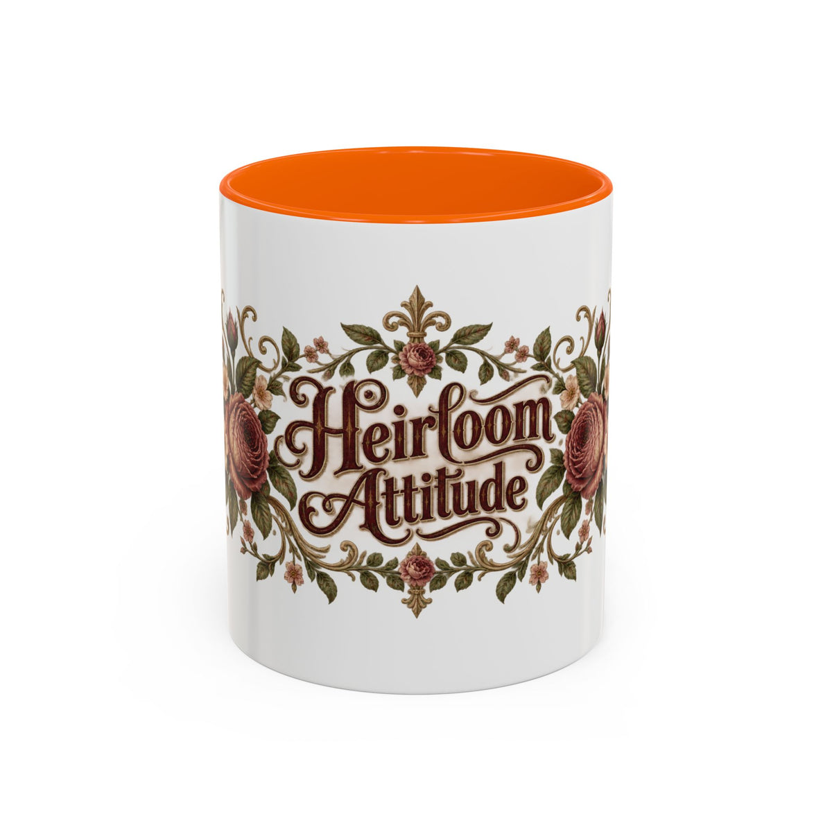Heirloom Attitude accent coffee mug, 11oz, white with orange interior and handle