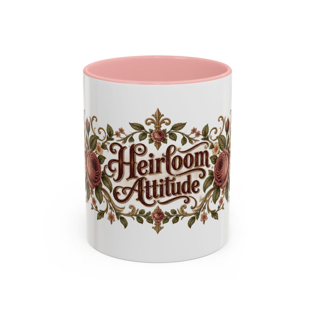 Heirloom Attitude accent coffee mug, 11oz, white with pink interior and handle