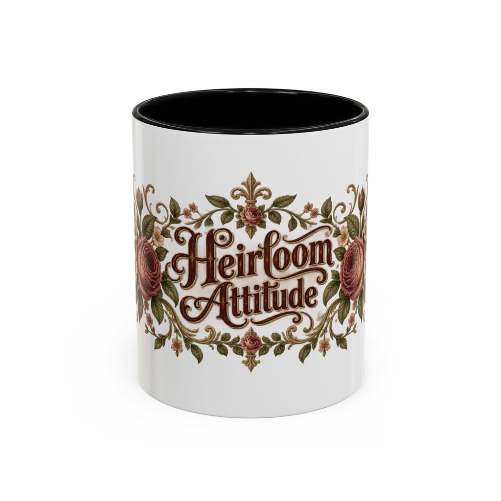 Heirloom Attitude accent coffee mug, 11oz, white with black interior and handle