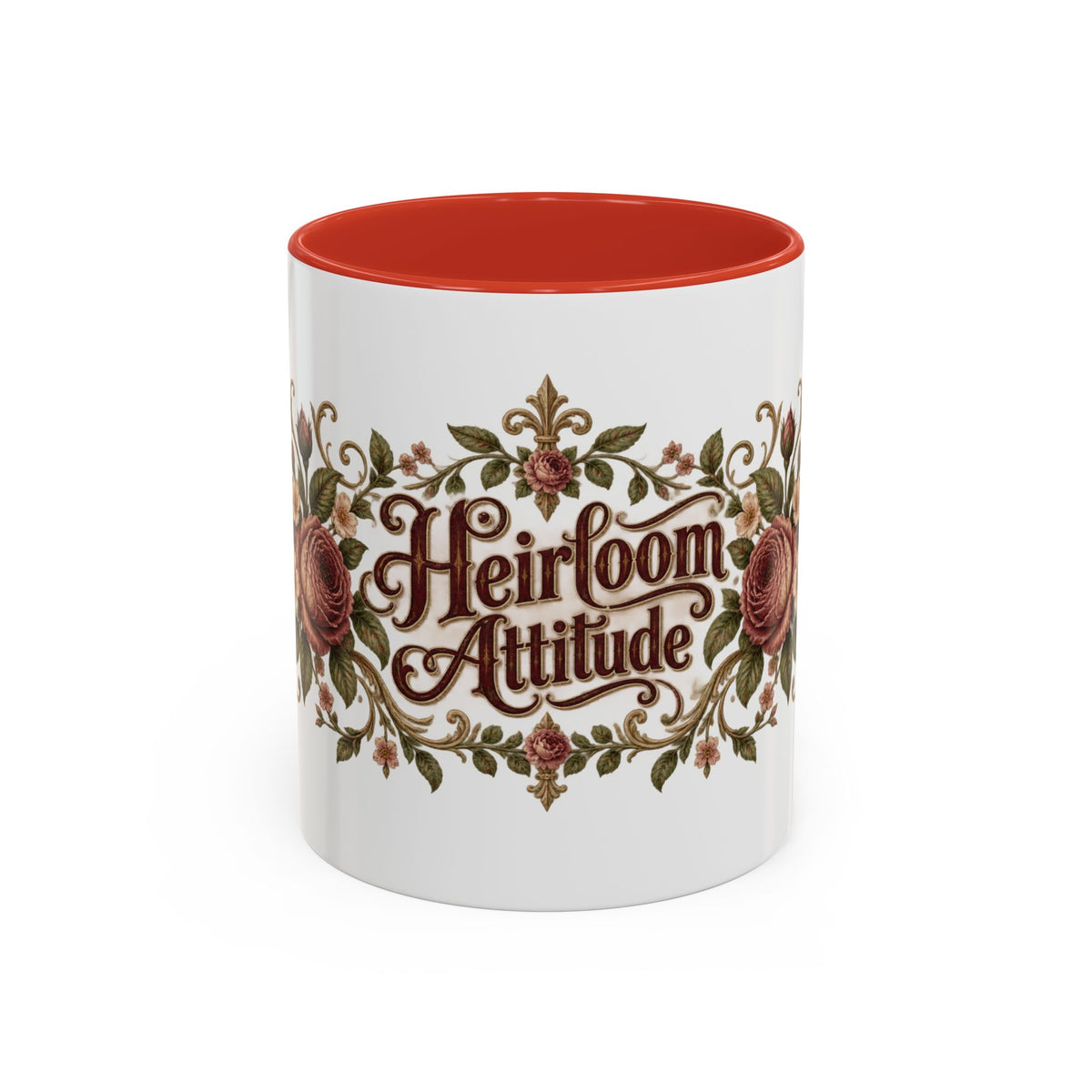 Heirloom Attitude accent coffee mug, 11oz, white with red interior and handle