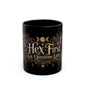 Hex First, Ask Questions Later black coffee mug, 11oz, front view