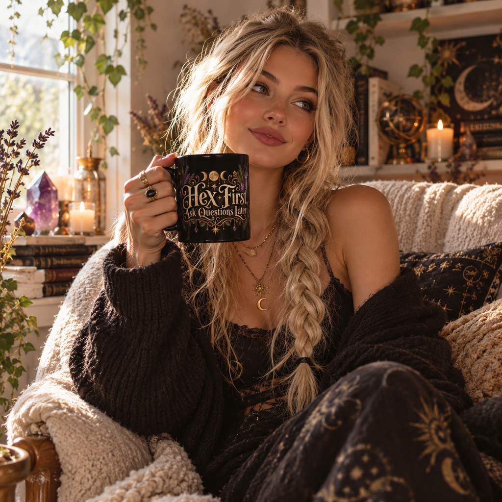 Hex First, Ask Questions Later black coffee mug in a cozy lifestyle photo