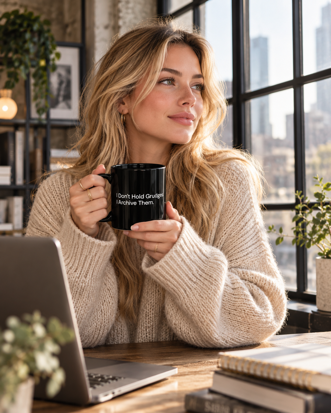 I Don't Hold Grudges, I Archive Them black coffee mug in a cozy lifestyle photo