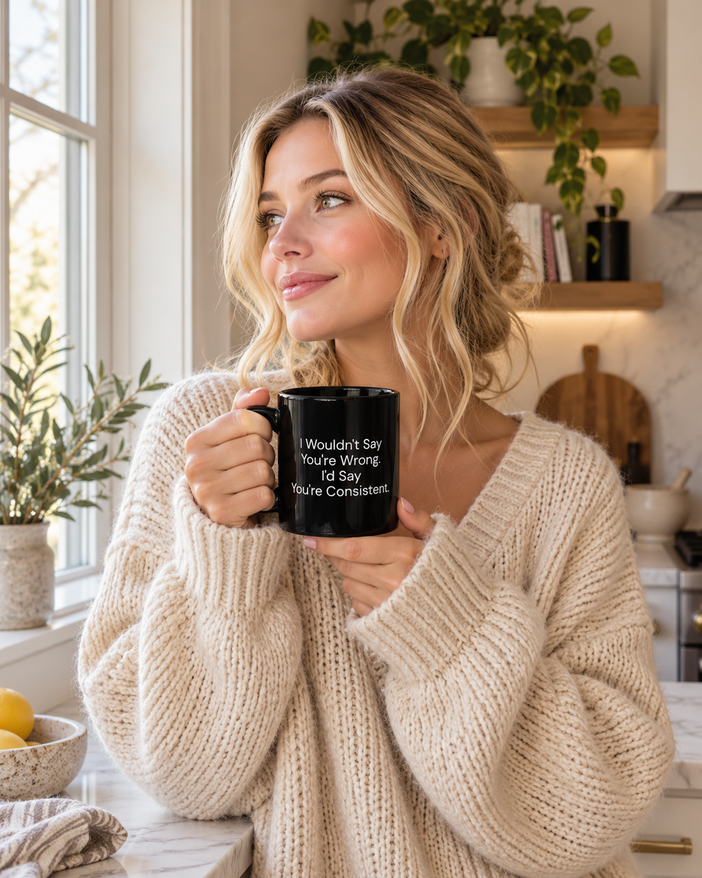 I Wouldn't Say You're Wrong, I'd Say You're Consistent black coffee mug in a cozy lifestyle photo