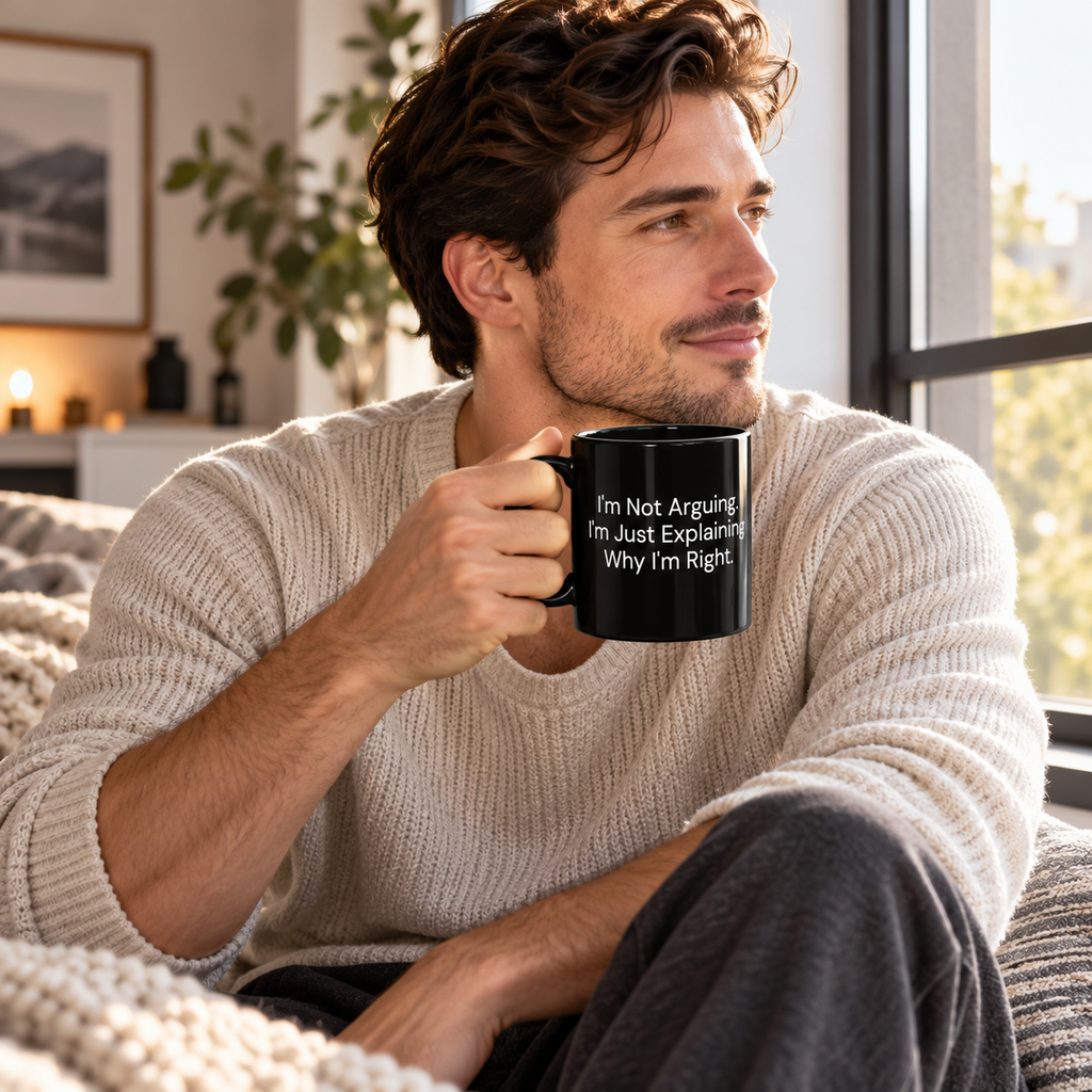 I'm Not Arguing, I'm Just Explaining Why I'm Right black coffee mug in a cozy lifestyle photo