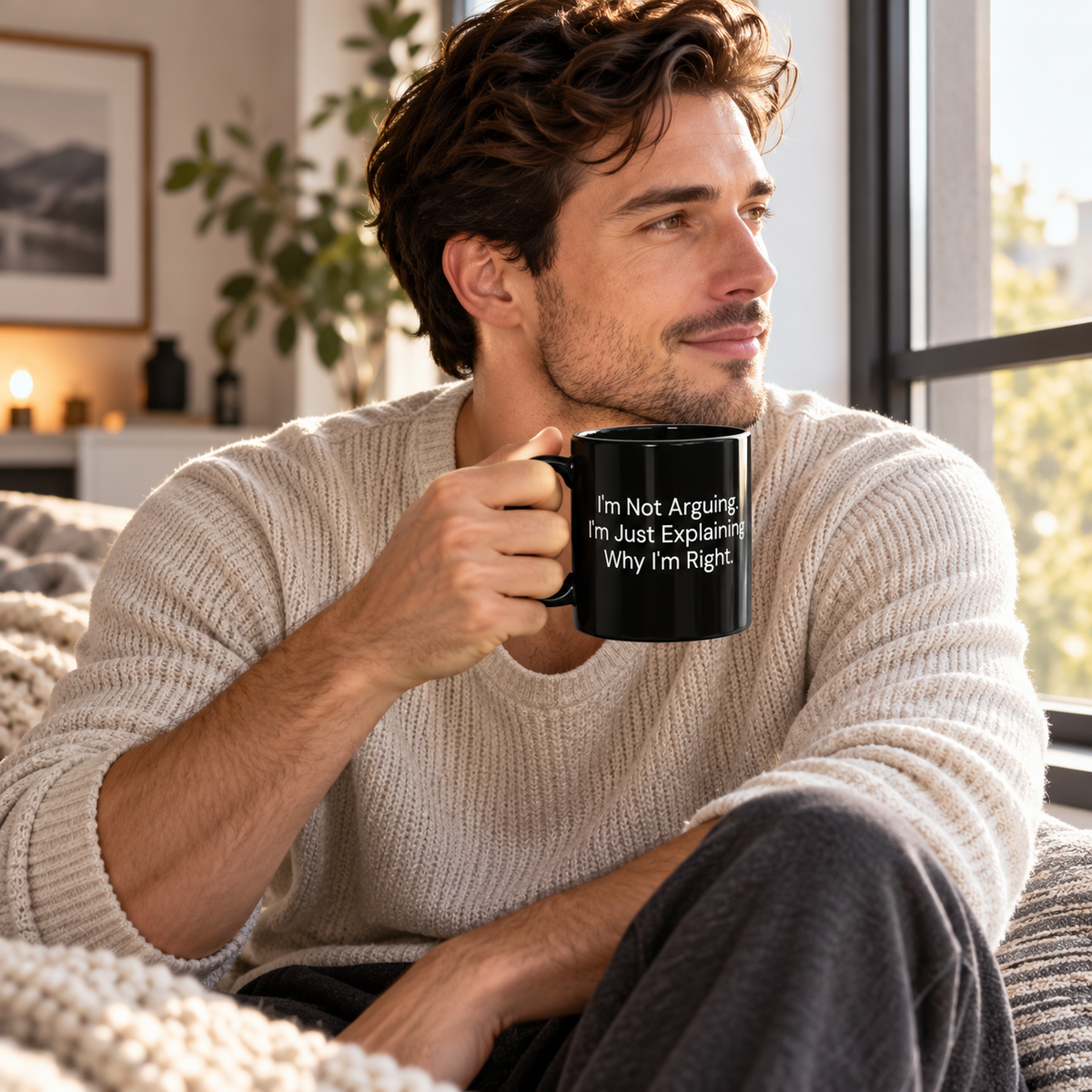 I'm Not Arguing, I'm Just Explaining Why I'm Right black coffee mug in a cozy lifestyle photo