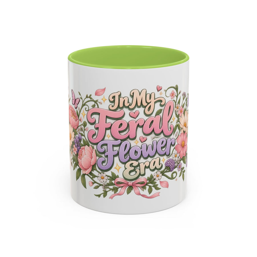 In My Feral Flower Era accent coffee mug, 11oz, white with light green interior and handle
