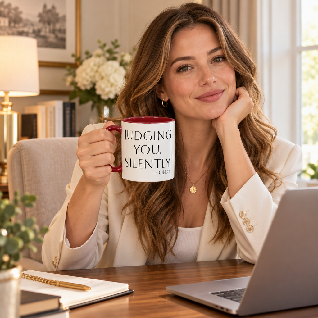 Judging You. Silently. personalized accent coffee mug in a cozy lifestyle photo