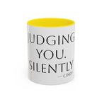 Judging You. Silently. personalized accent coffee mug, 11oz, white with yellow interior and handle