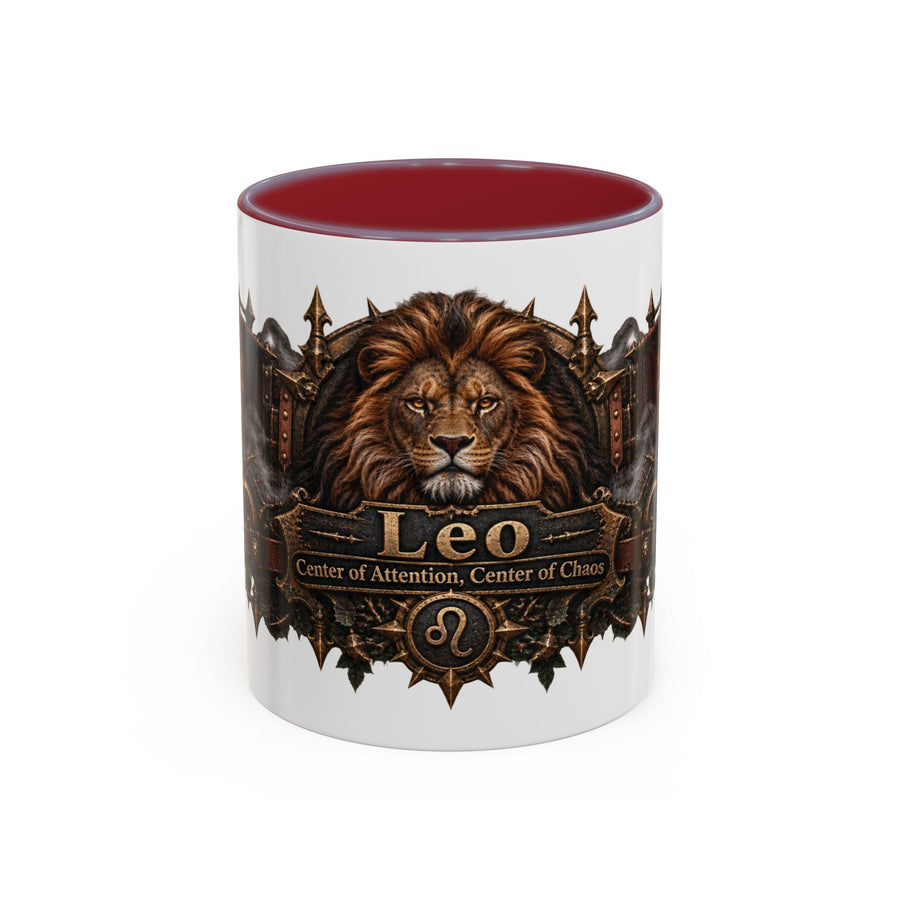 Leo Bronze Zodiac accent coffee mug, 11oz, white with maroon interior and handle